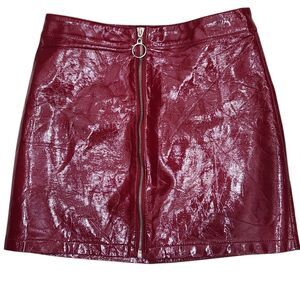 Forever 21 Rust Red Faux Patent Leather Mini Skirt Moto Zip Front O-Ring Y2K S